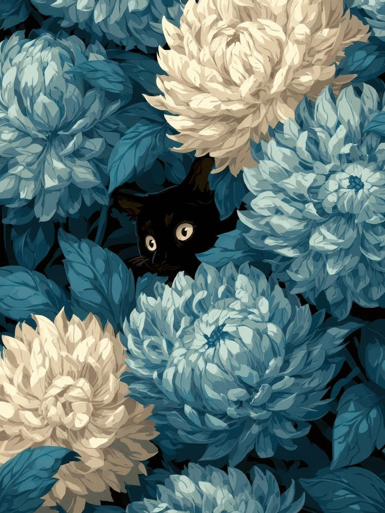 Black Cat In Blue Flowers 15