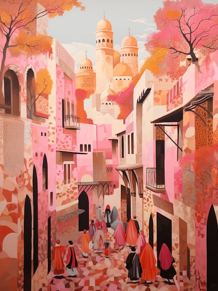 Marrakech Morocco 3 Vintage Pink Travel Illustration