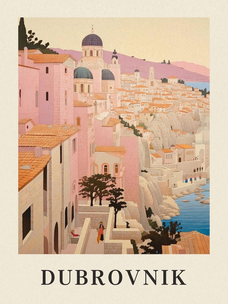 Dubrovnik Croatia 1 Vintage Pink Travel Illustration Poster