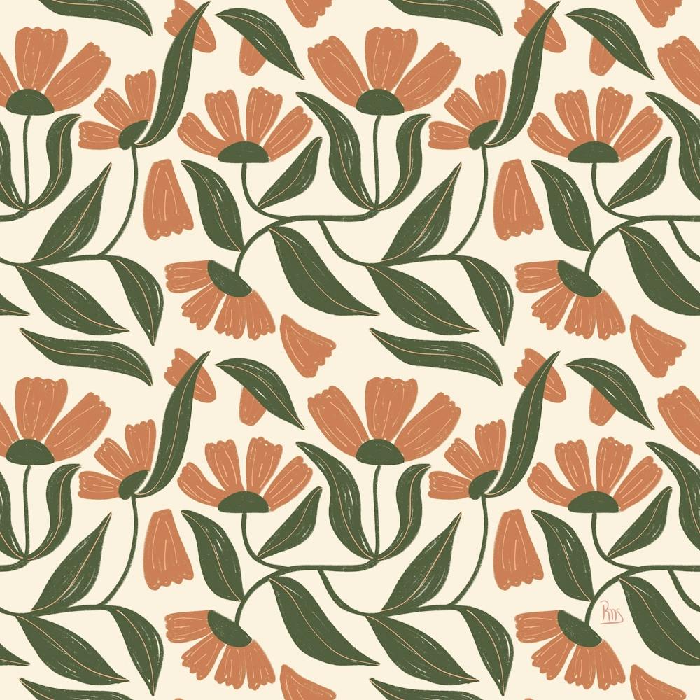 Modern Flowers Peach Fuzz and Green