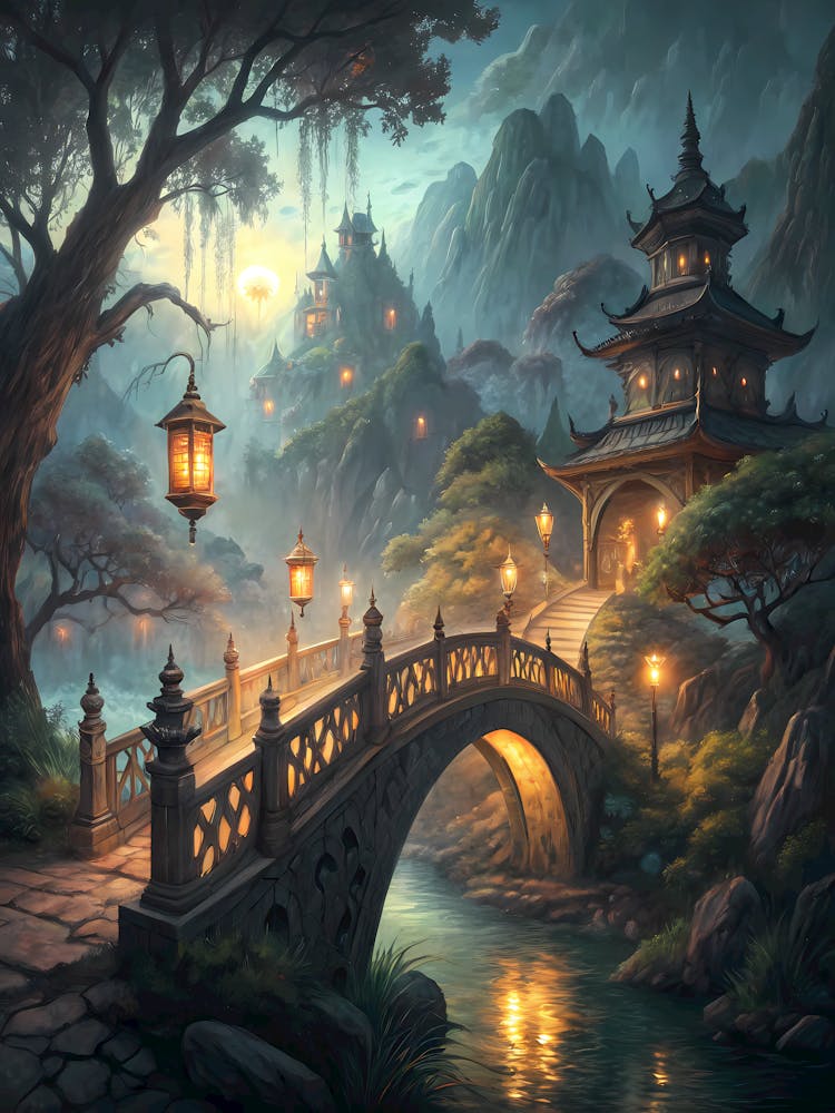 Oriental Temple & Bridge Mystical Landscape oil Painting