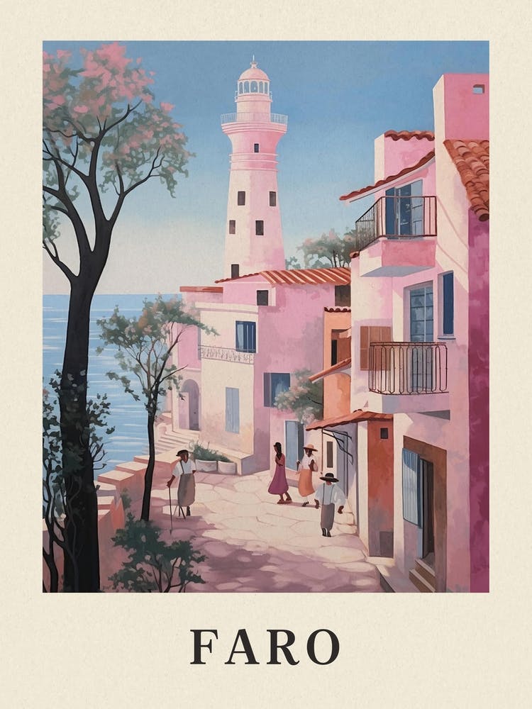 Faro Portugal 1 Vintage Pink Reiseillustration Poster