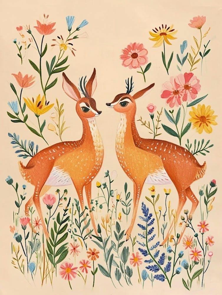 Folksy Floral Animal Drawing Antelope 2