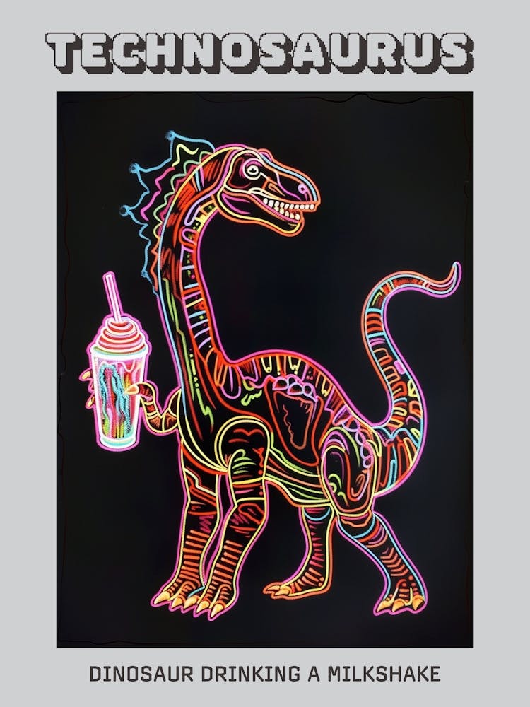 Neon Dinosaur Linework Drinking A Milkshake Poster