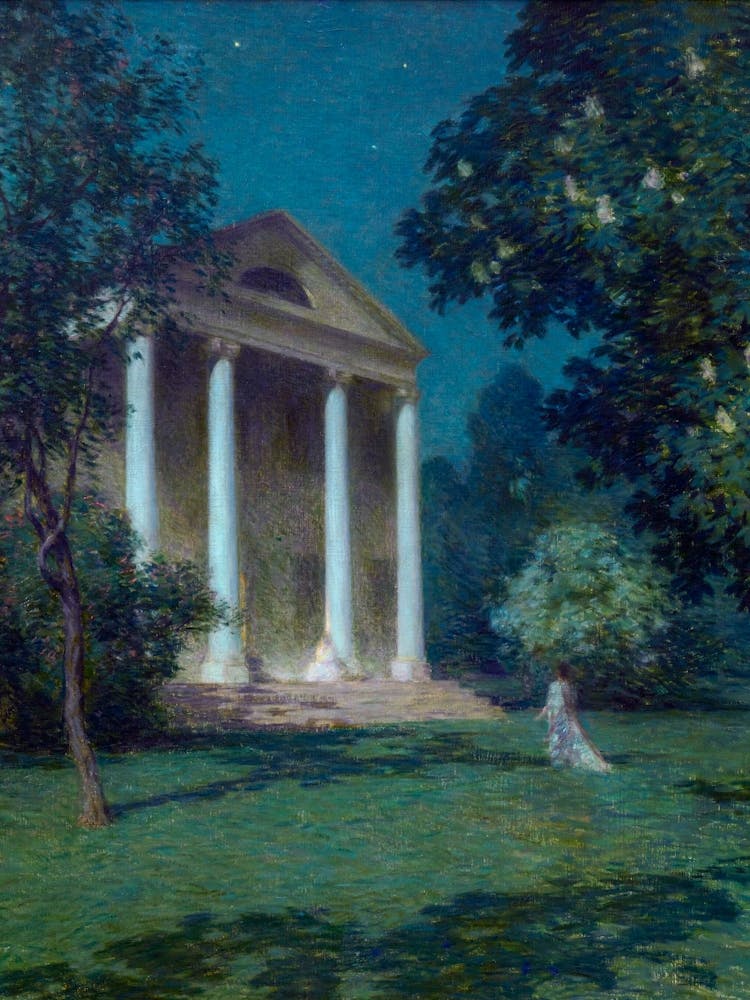 May Night 1906 by American Landscape Painter, Willard Leroy Metcalf - Painting of the Florence Griswold House in Old Lyme, Connecticut. HD Remastered