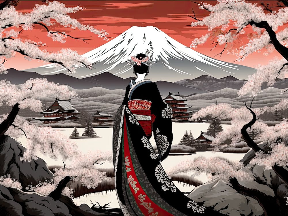 Ukiyo E Mount Fuji Japan Geisha Colour 3