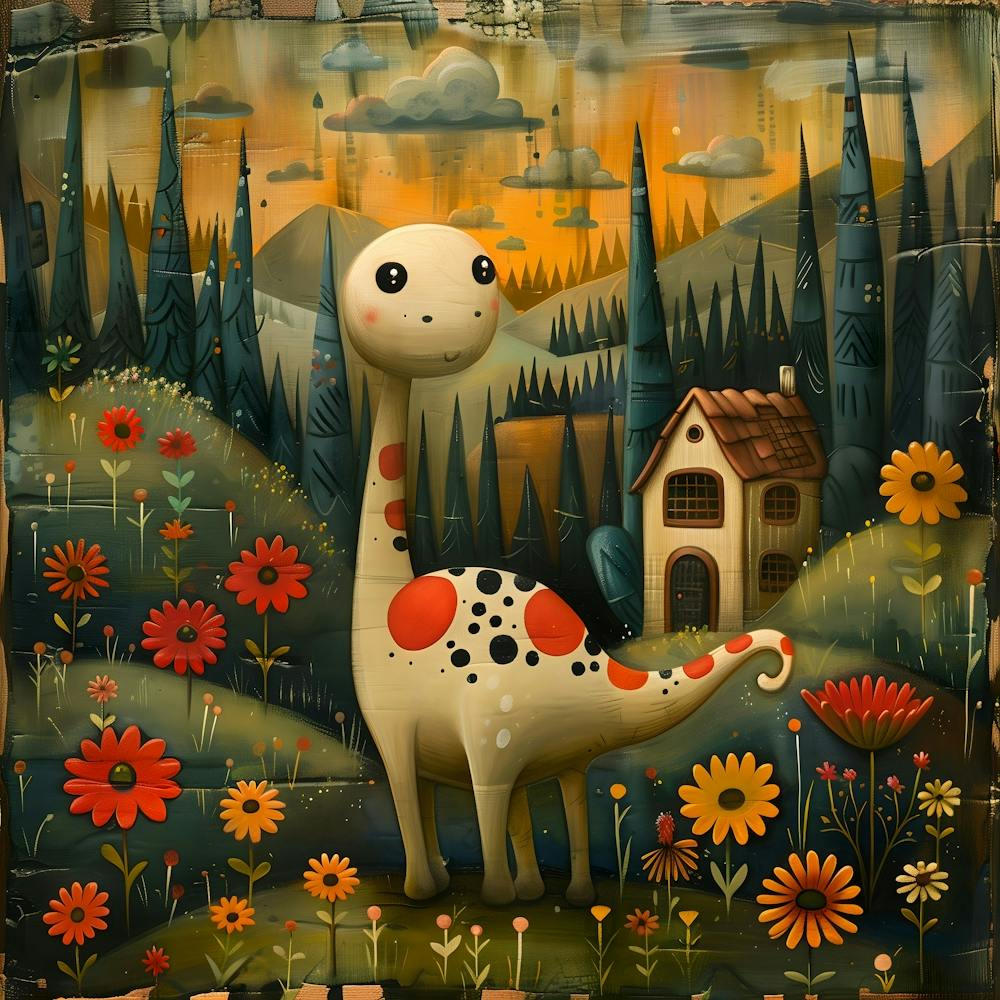 Dinosaur In The Garden, Naïf, Whimsical, Folk, Minimalistic
