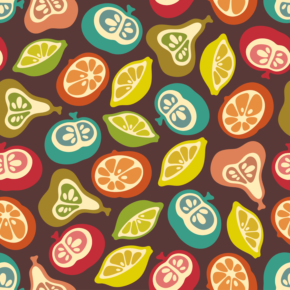 JUICY FRUITS Retro Plump Ripe Fruit Apple Pear Lemon Lime Orange Citrus in Vintage Colours on Brown