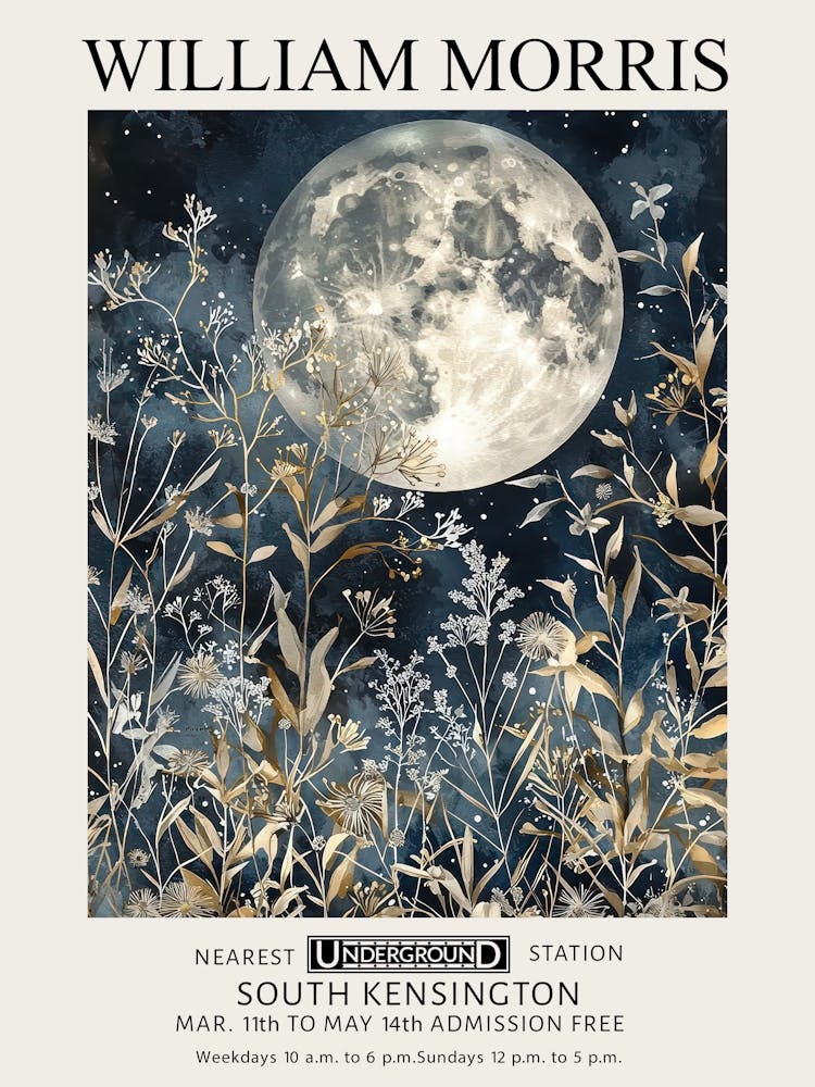 William Morris Full Moon Night Flowers Vintage Exhibition