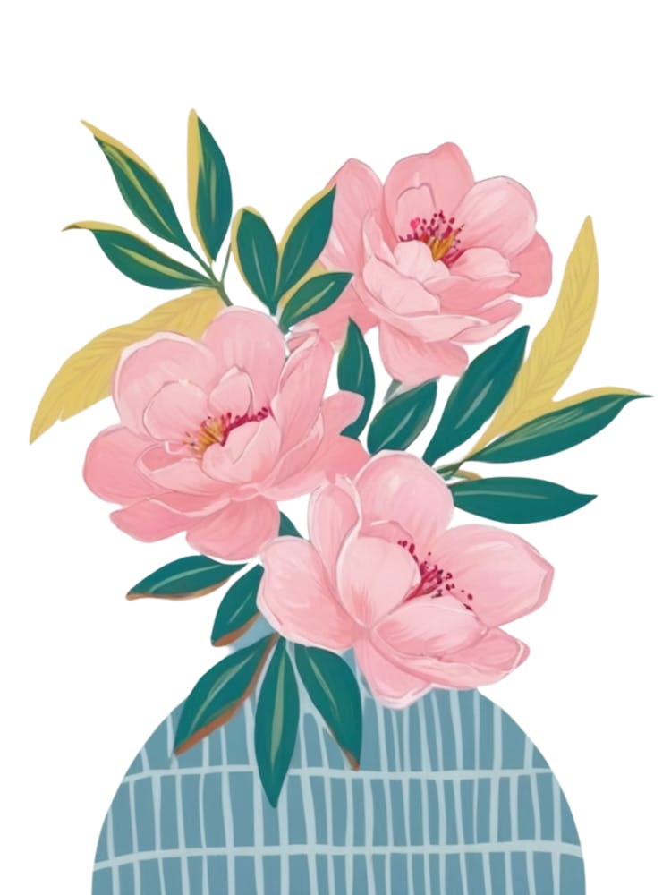 Peony Flowers In Blue Vase