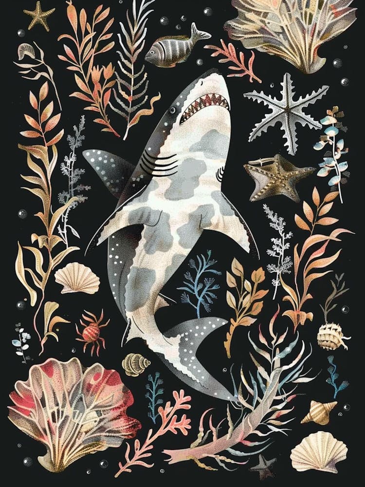 Angel Shark Seascape Black Background Illustration 1