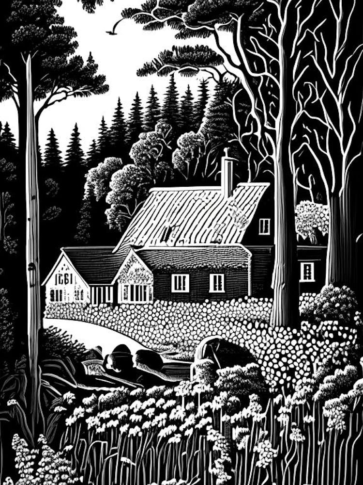 Rosendals Trädgård, Sweden Linocut Black And White Vintage