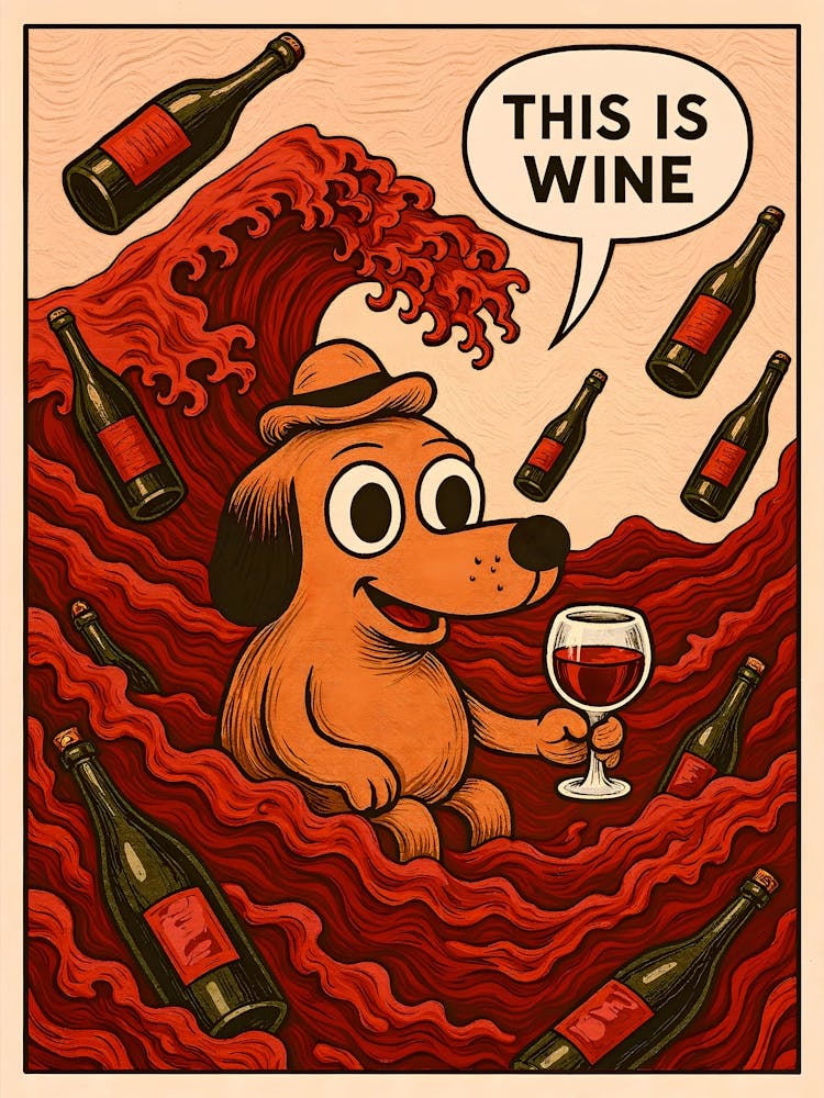 This Is Wine Meme: The iconic “This is fine” dog enjoys wine amid chaos in this Kanagawa wave-inspired comic. A perfect mix of alcohol, kitchen humor, and vintage cartoon style. This funny painting is trending for a reason — ideal for fans of wine, memes,