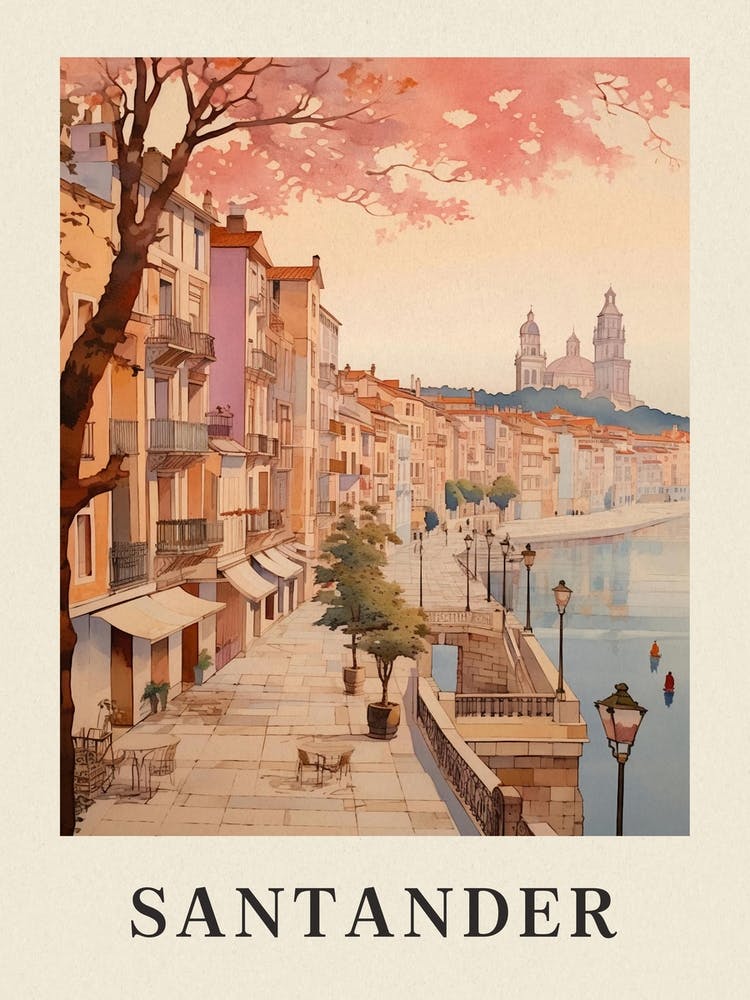Santander Spain 4 Vintage Pink Travel Illustration Poster