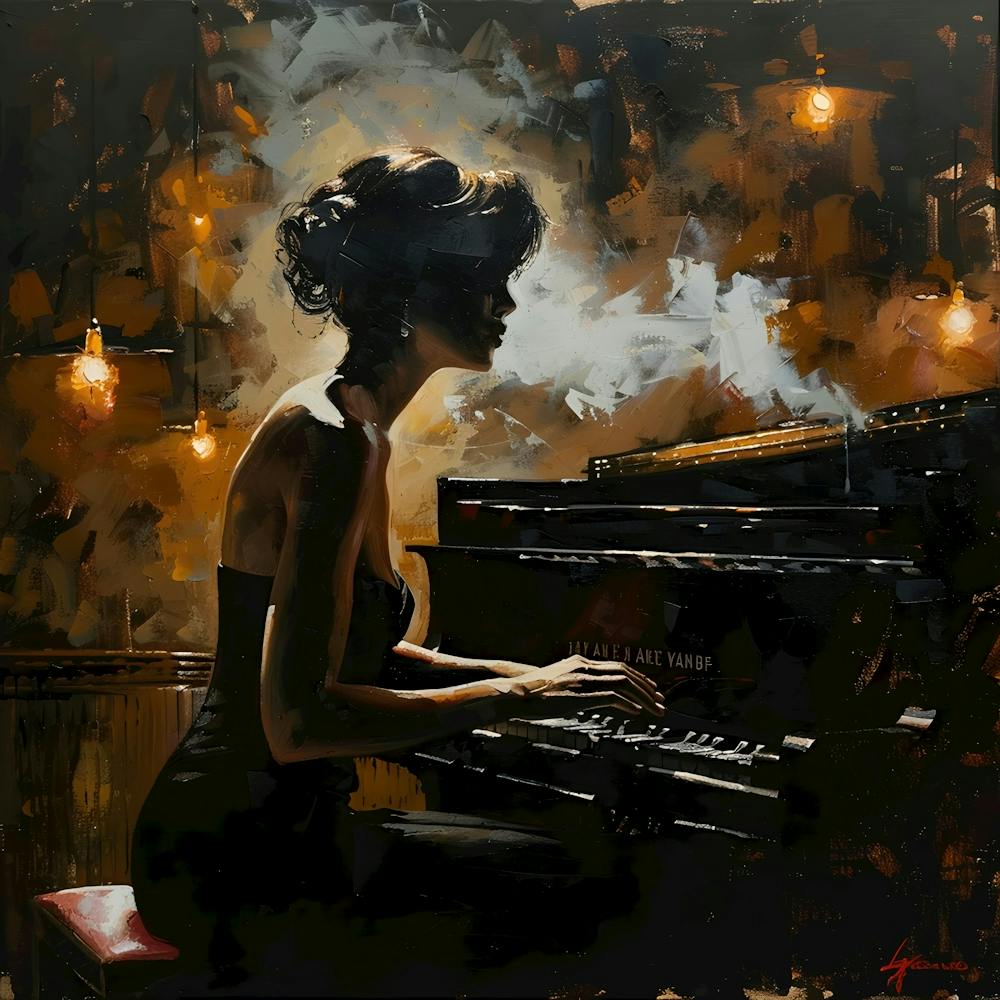 Glamorous Girl Jazz Pianist in Bar