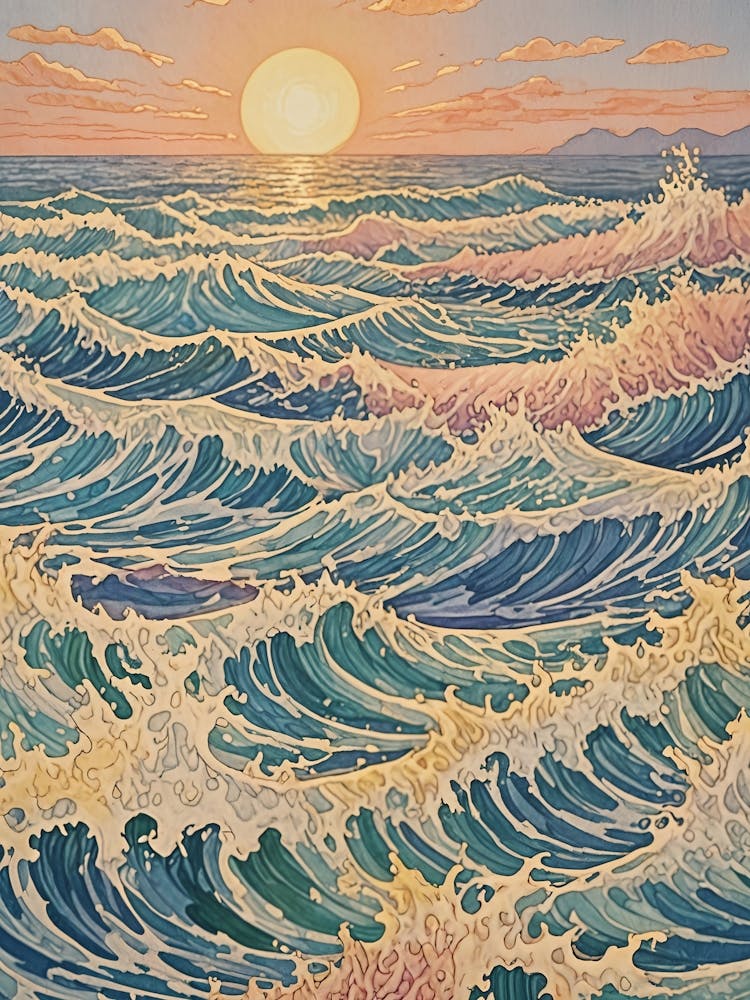 Sunset Over Pastel Ocean Waves
