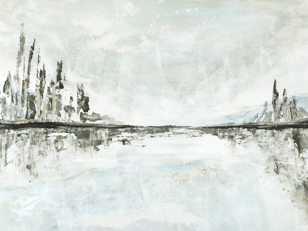 Solitude - Neutral Gray Black Abstract Horizon Lake Trees Painting