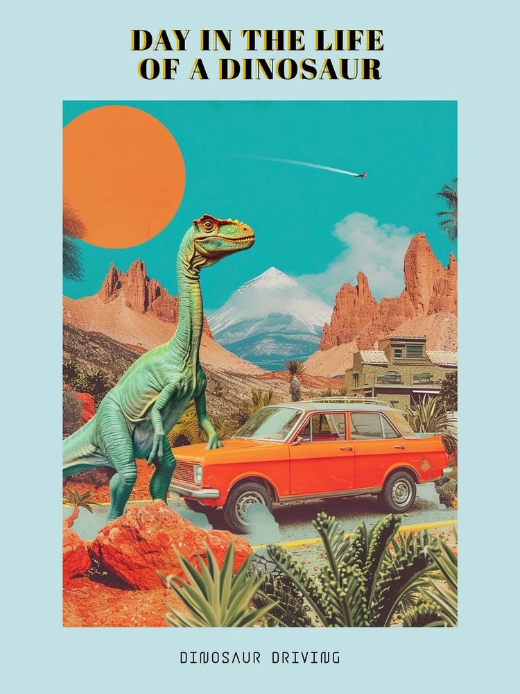 Dinosaur & A Retro Car Collage 2 Poster