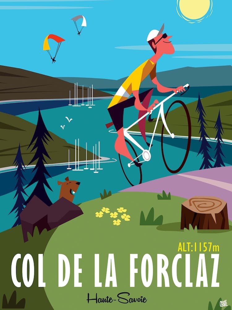 Col De La Forclaz Cycling Poster Green & Blue