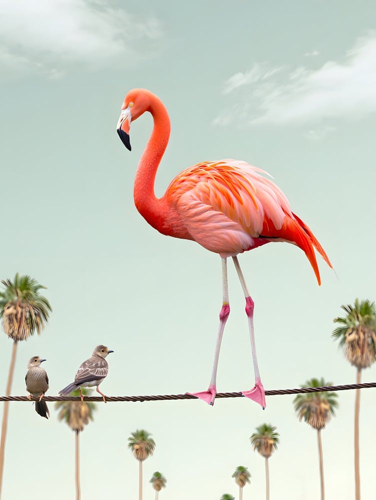 Whimsical Flamingo on Wire - Funny Tropical Bird