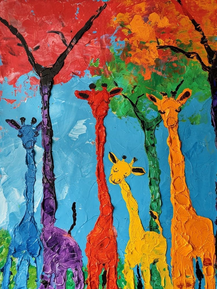 Textured Colourful Painting Of A Giraffe Family 2