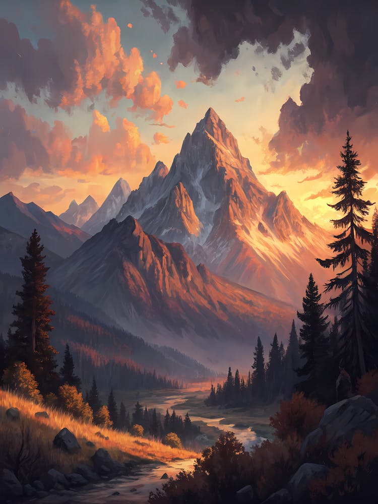 Oil Painting Style Dark Mountain Shadows At Golde