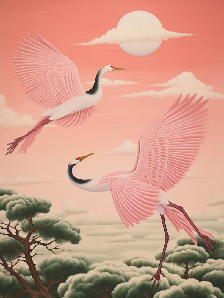 Vintage Japanese Inspired Bird Print Crane 3