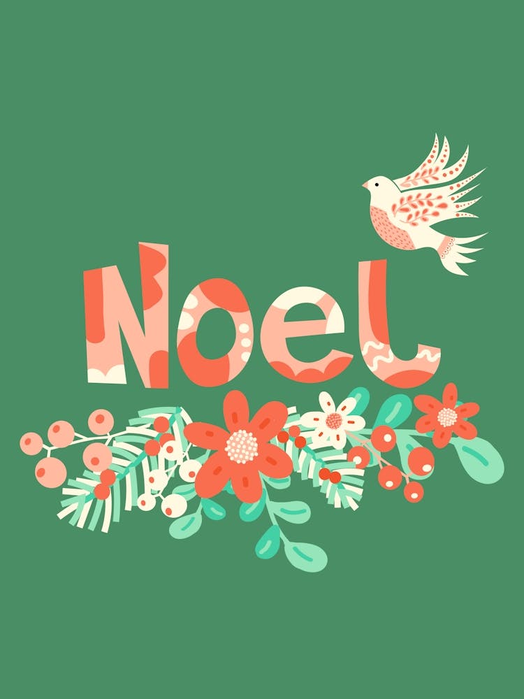 Noel Folk Art Christmas Dove and Winter Florals on Green