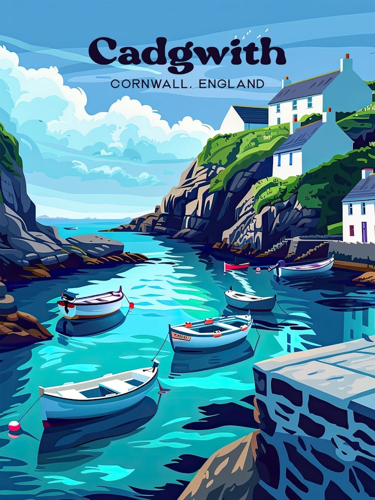 Cadgwith Cornwall Fishing Village Travel Illustration