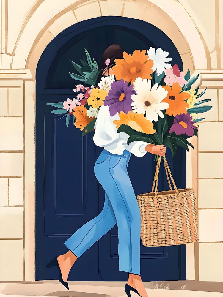Illustration Of A Woman Carrying Flowers