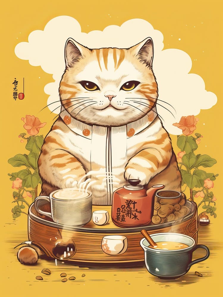 Kawaii Cat Drawings Drinking Tea 2