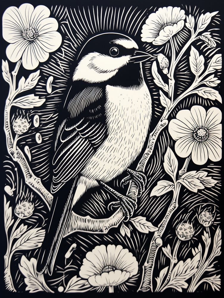 B&W Bird Linocut Carolina Chickadee 2