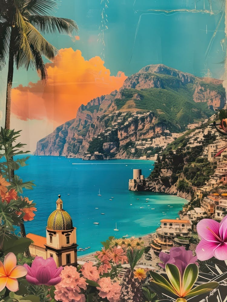 Amalfi Coast   Floral Retro Collage Style 1