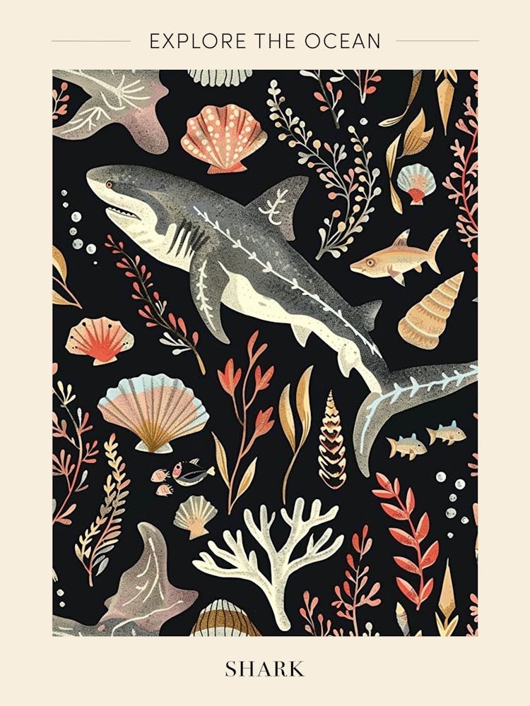 Shark Seascape Black Background Illustration 2 Poster