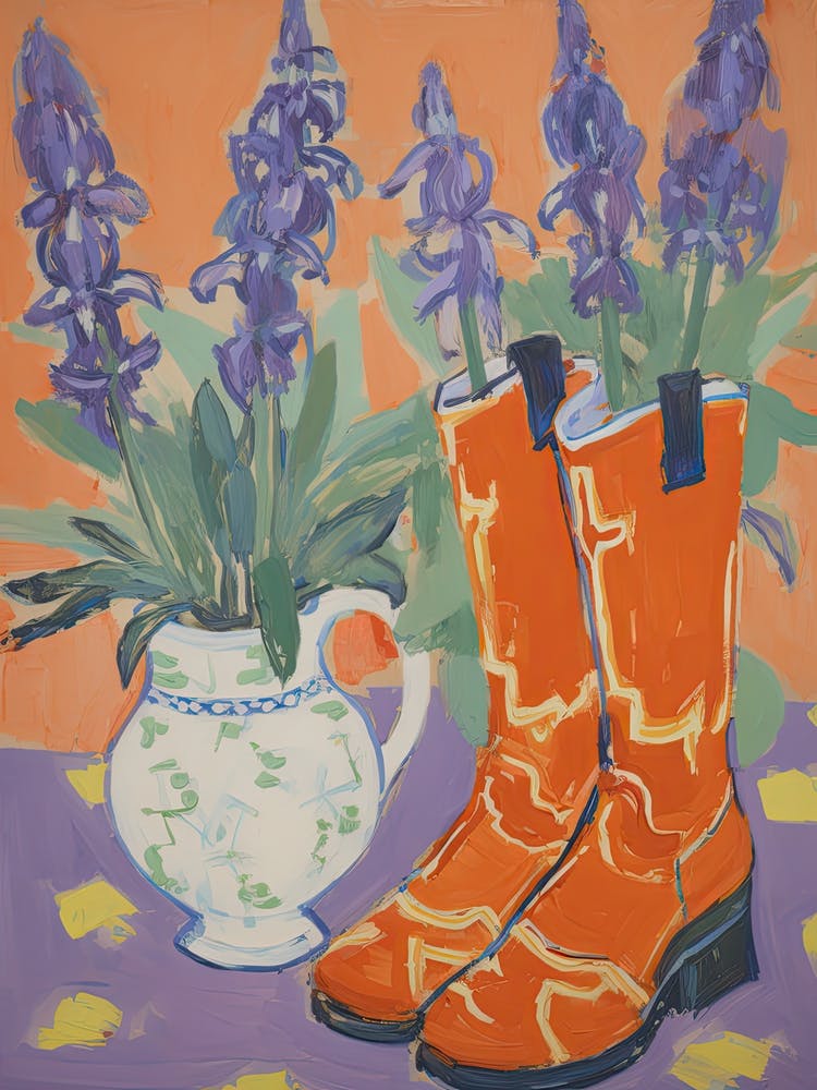 Painting Of Snapdragon Flowers And Cowboy Boots, Oil Style 1