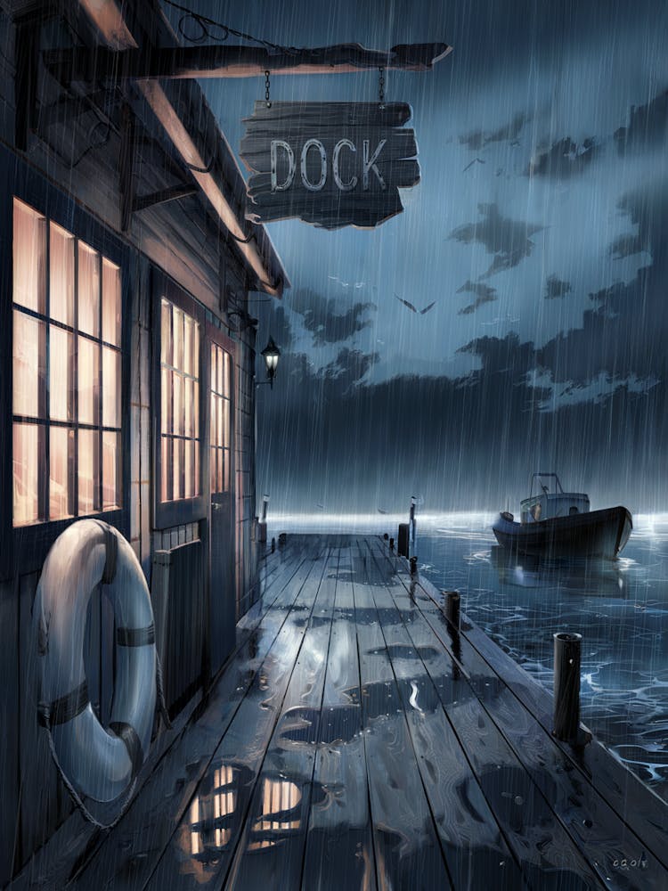 Anime Canvas Art: Rainy Dockside Scene with Wooden Pier and Stormy Sky, Perfect for Lofi Aesthetic and Moody Coastal Art Fans.
