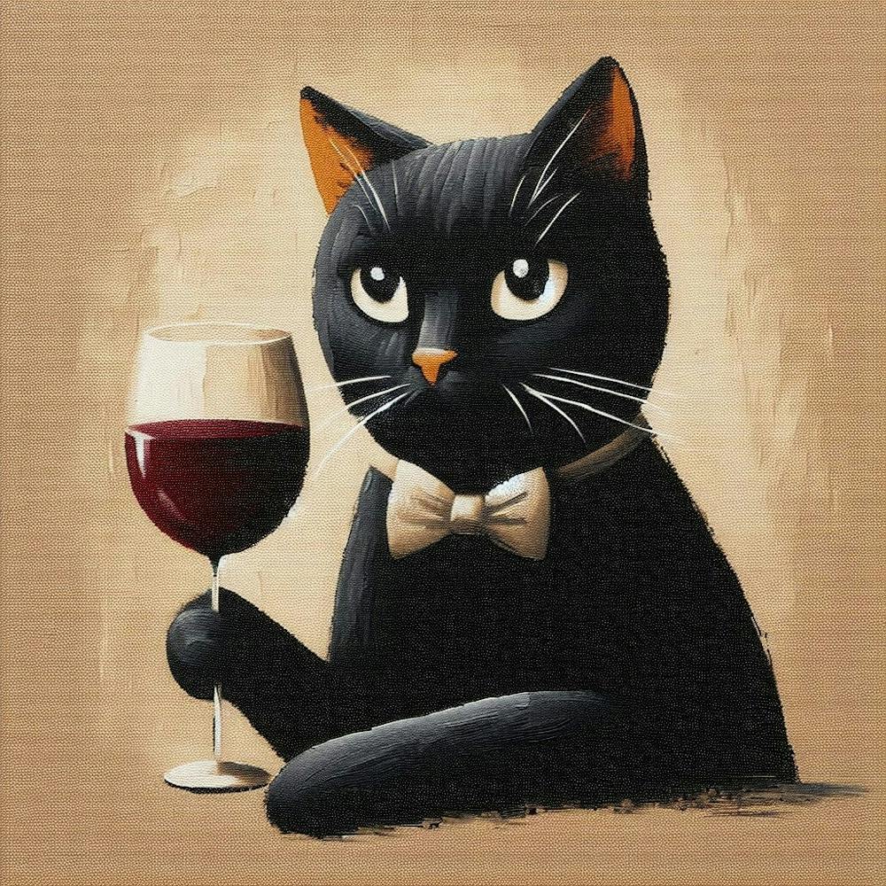 Schwarze Katze mit einem Glas Wein