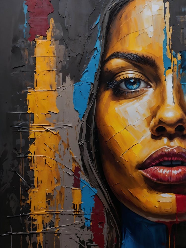 Half-Face Female Art with Expressive Brushstrokes – Gold, Blue, Red