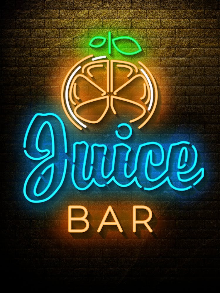 Juice Bar — Neon food sign, Food kitchen poster, photo art