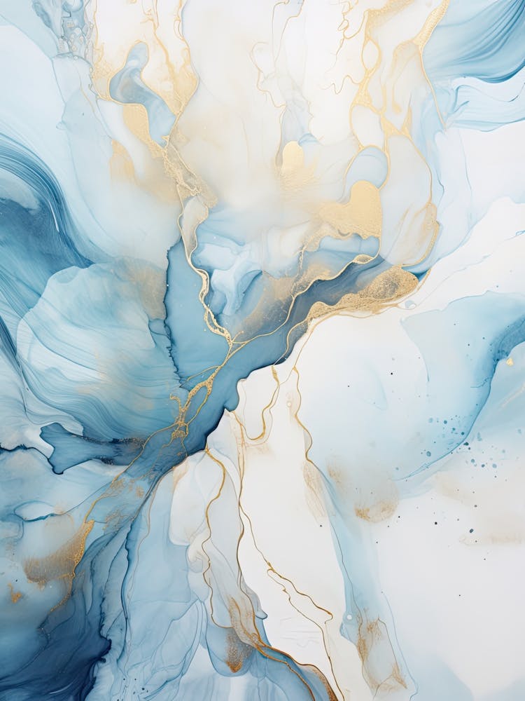 Light Blue, White, Gold Flow Asbtract Painting 3