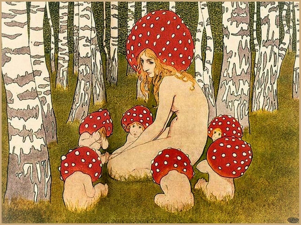 Mother Mushroom With Her Children by Edward Okum 1900 - Vintage Victorian Cottagecore Fairycore Witchcore Famous Fairy Woodland Fairytale Remastered