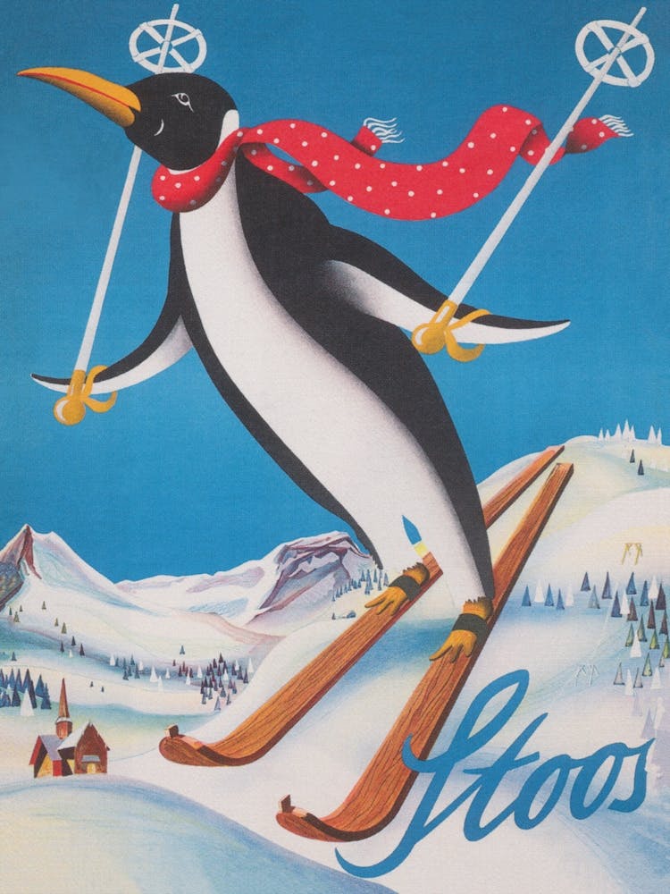Skiing Penguin Vintage Ski Poster