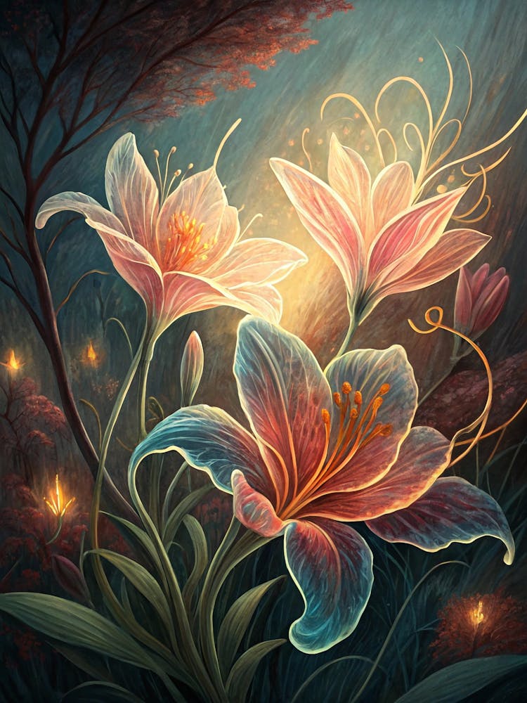 Oil Painting Style Abstract Flower Forms With Glow