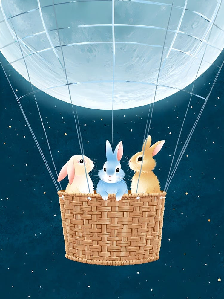 Dreamy Bunny Hot Air Balloon Print - Adorable Moon & Stars Art for Nursery & Kids Room