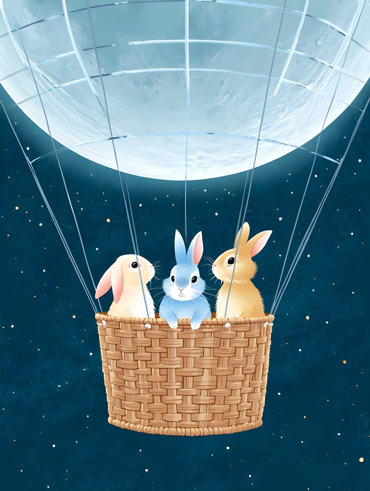 Dreamy Bunny Hot Air Balloon Print - Adorable Moon & Stars Art for Nursery & Kids Room