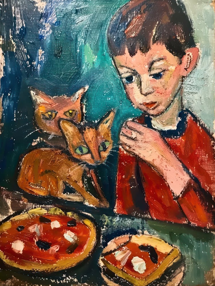 Portrait Of A Boy With Cats Having Pizza 4