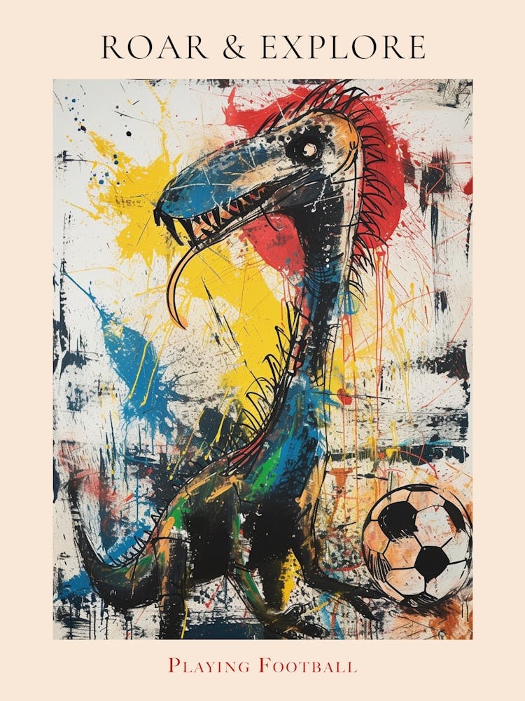 Dinosaur Playing Football Paint Splash Scribble 3 Poster