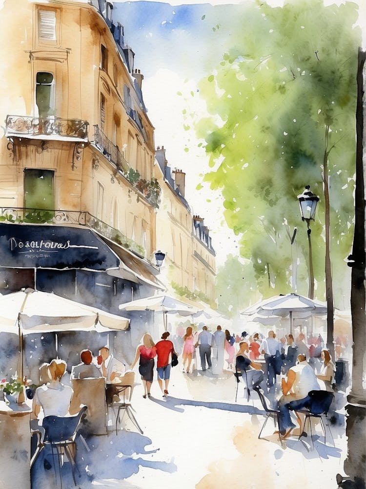 Paris cafes, France, pedestrians on the street, Paris prints, travel gifts, Paris posters,Champs-Elysees, summer, cafes, passers-by, watercolor, art print.2