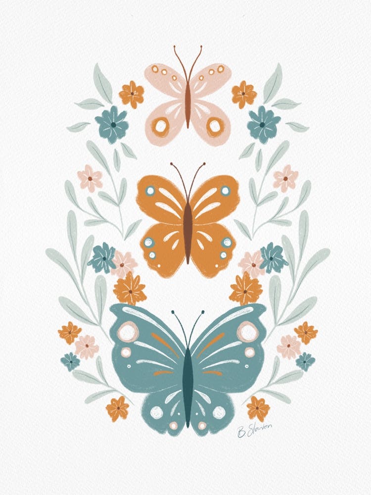 Butterflies And Flowers in teal & yellow