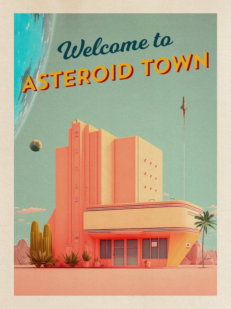 Welcome to Asteroid Town! — Vintage retro space poster, retrofuturism poster, retro space, propaganda poster